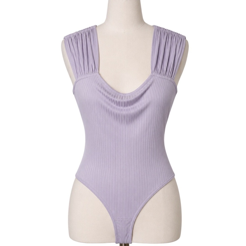 Good Luck Gem Lavender‎ Purple Ribbed Cowl Neck Gathered Sleeve Bodysuit Medium